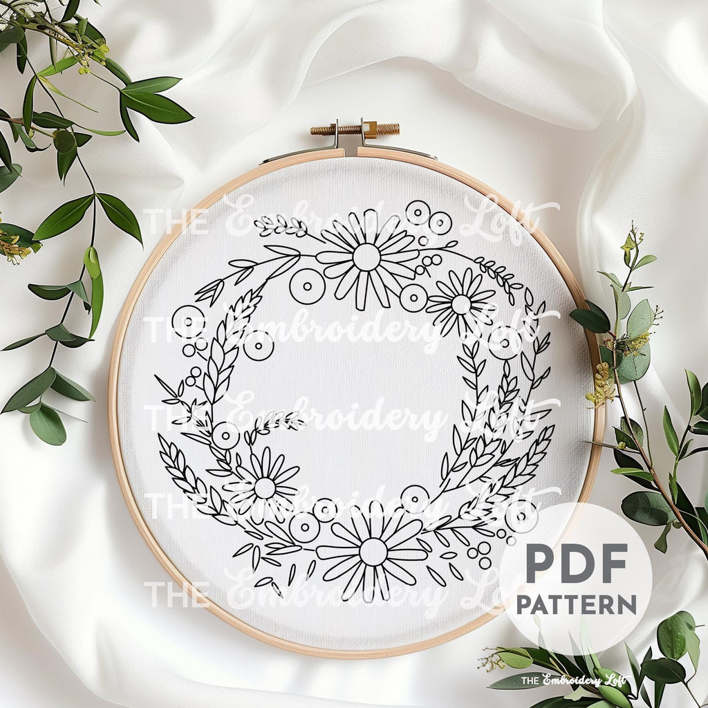 Purple and White Floral Wreath Hand Embroidery Pattern