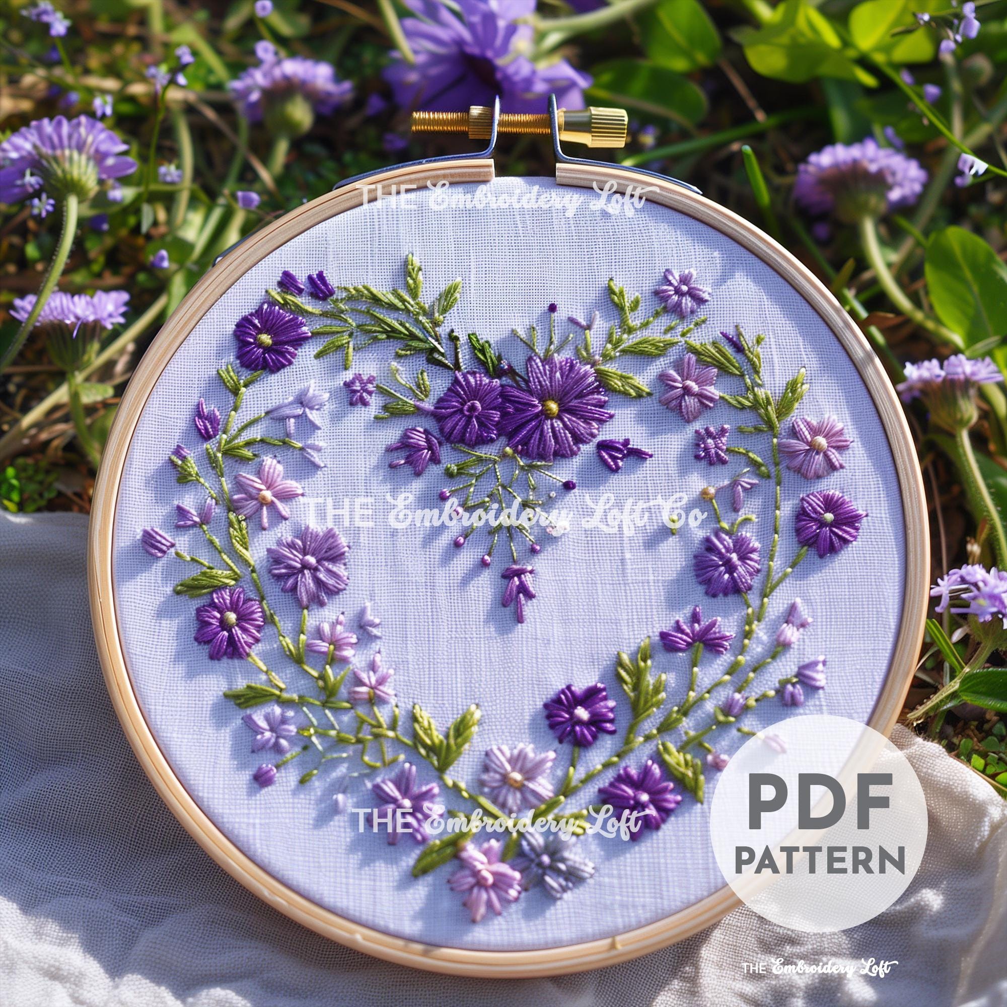 Purple Floral Heart Wreath Hand Embroidery Pattern