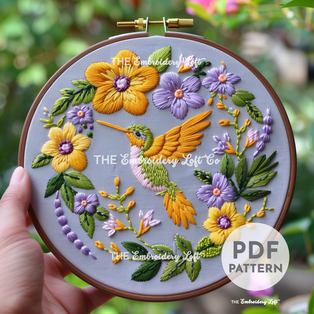 Green and Yellow Hummingbird Hand Embroidery Pattern