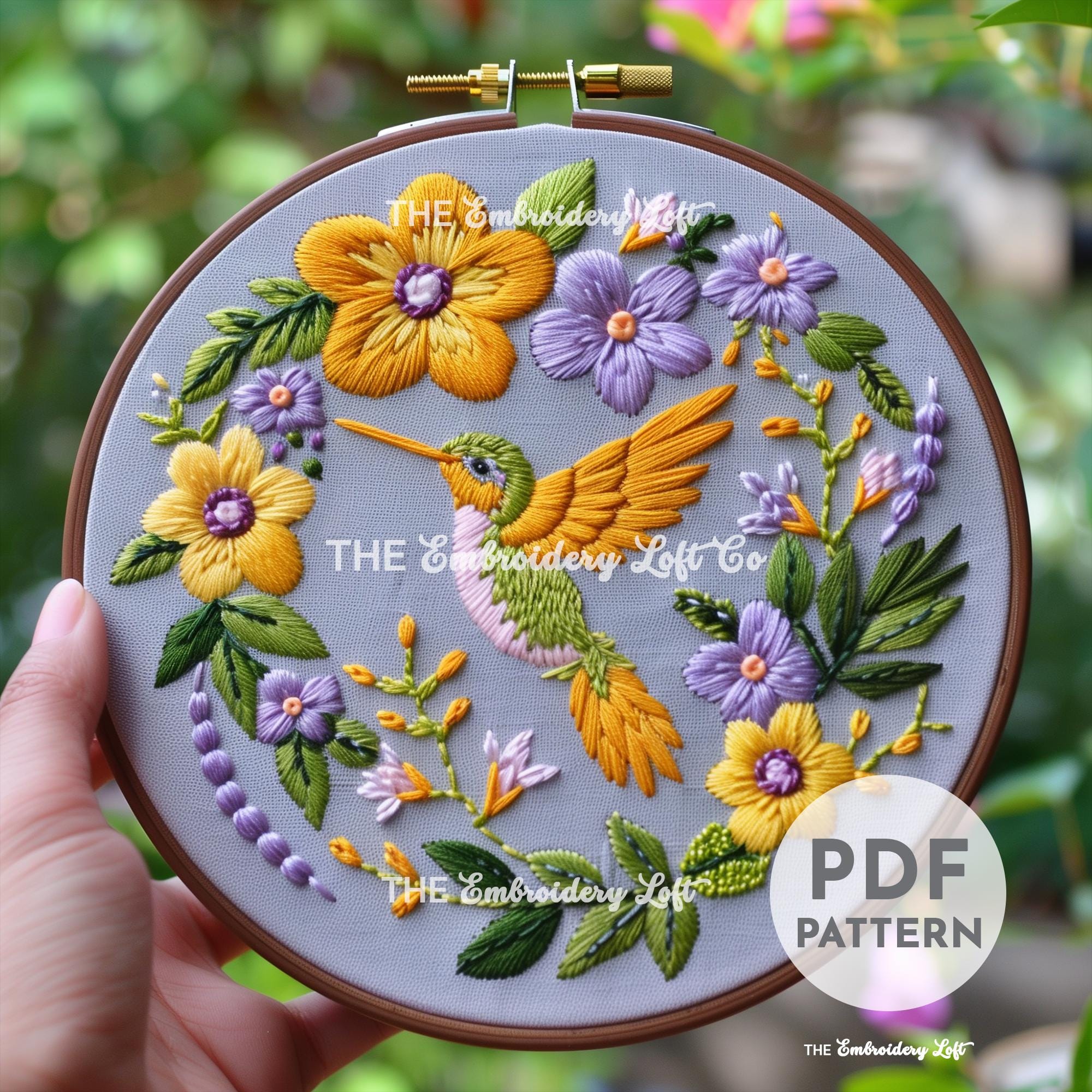 Green and Yellow Hummingbird Hand Embroidery Pattern