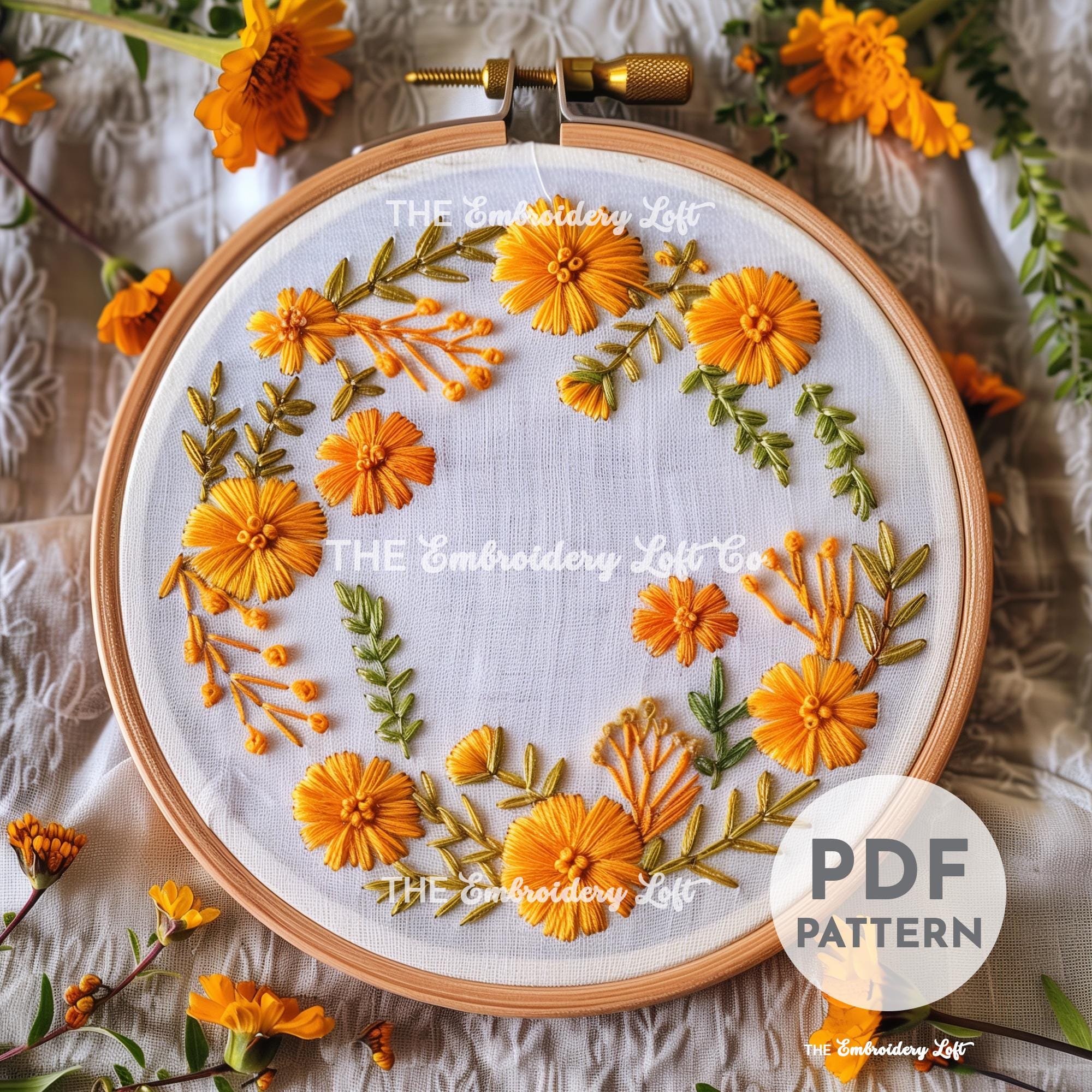 Orange Floral Wreath Hand Embroidery Pattern