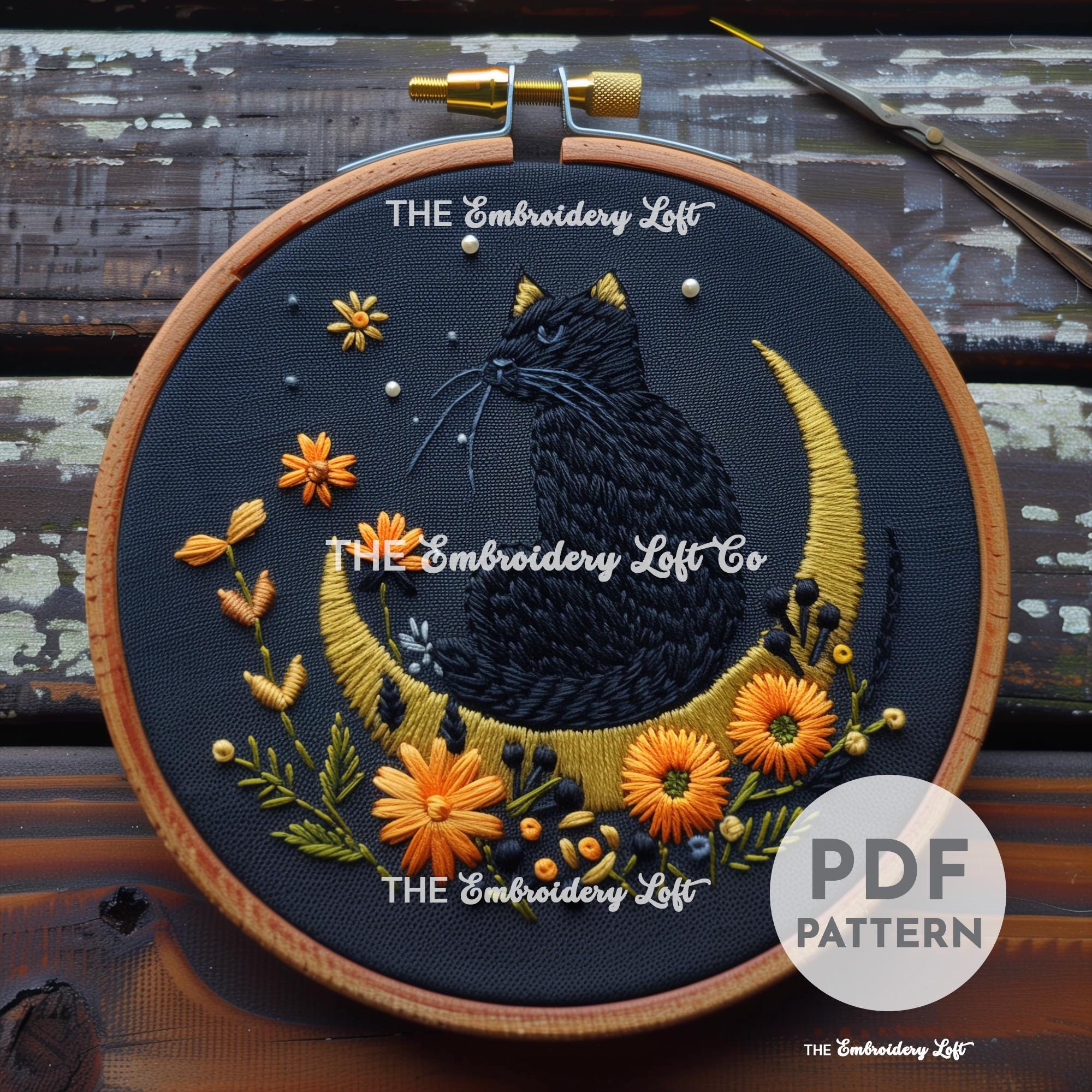 Lunar Cat Hand Embroidery Pattern