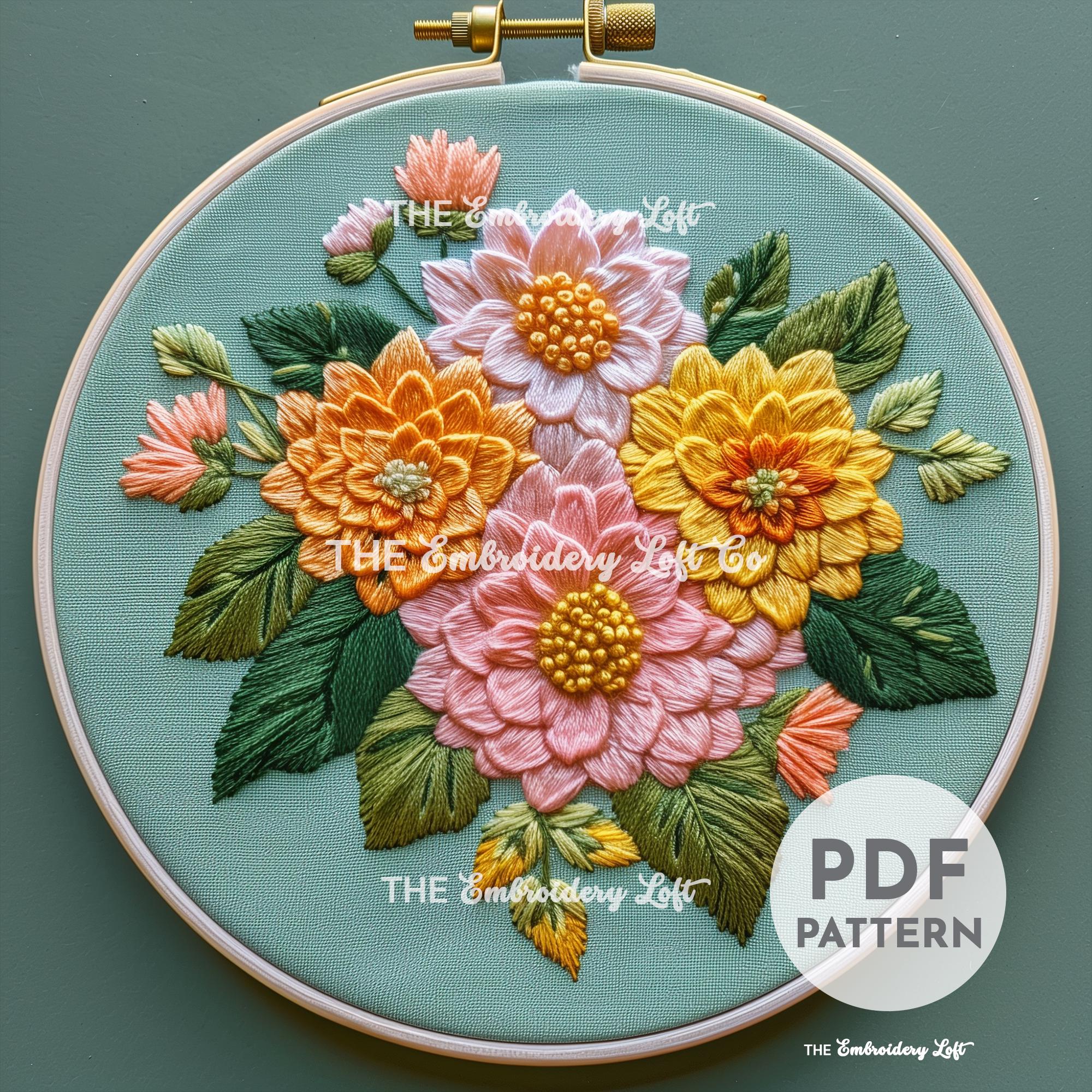 Dahlia Flowers Hand Embroidery Pattern