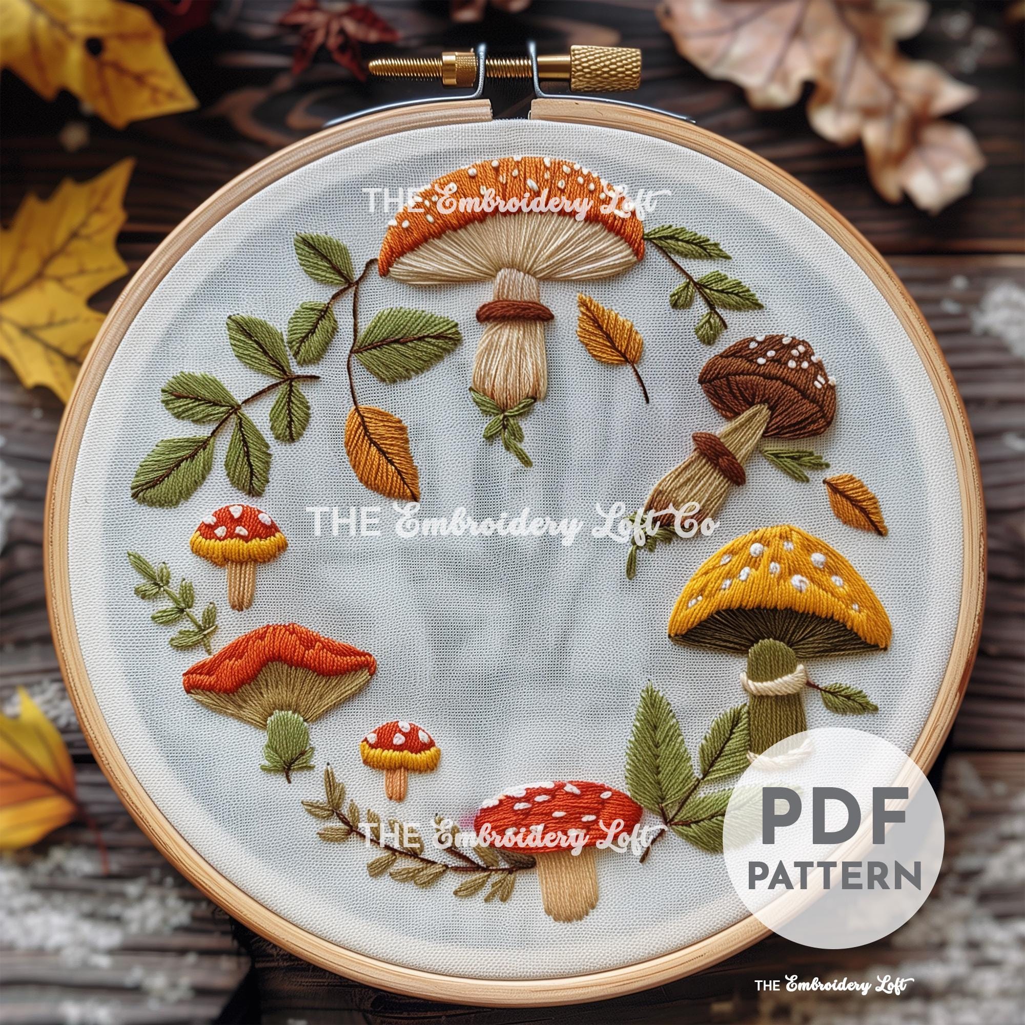 Mushroom Wreath Hand Embroidery Pattern