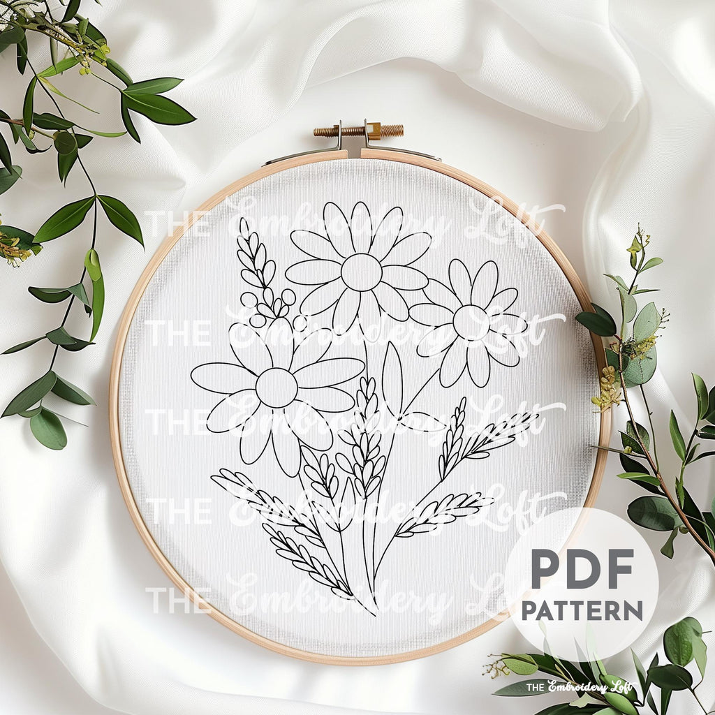 Meadow of White Daisies and Purple Lavender Hand Embroidery Pattern