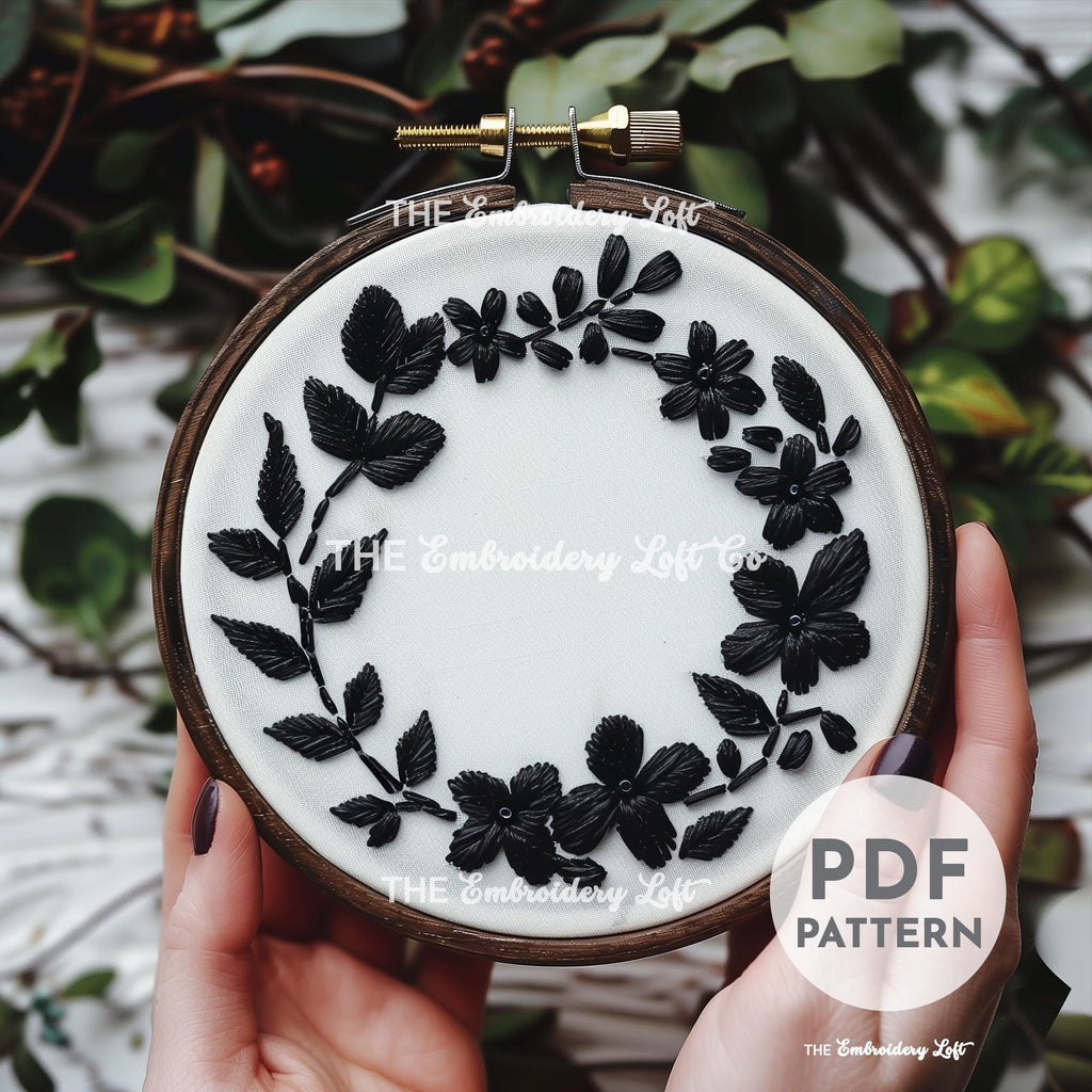 Black Floral Wreath Hand Embroidery Pattern