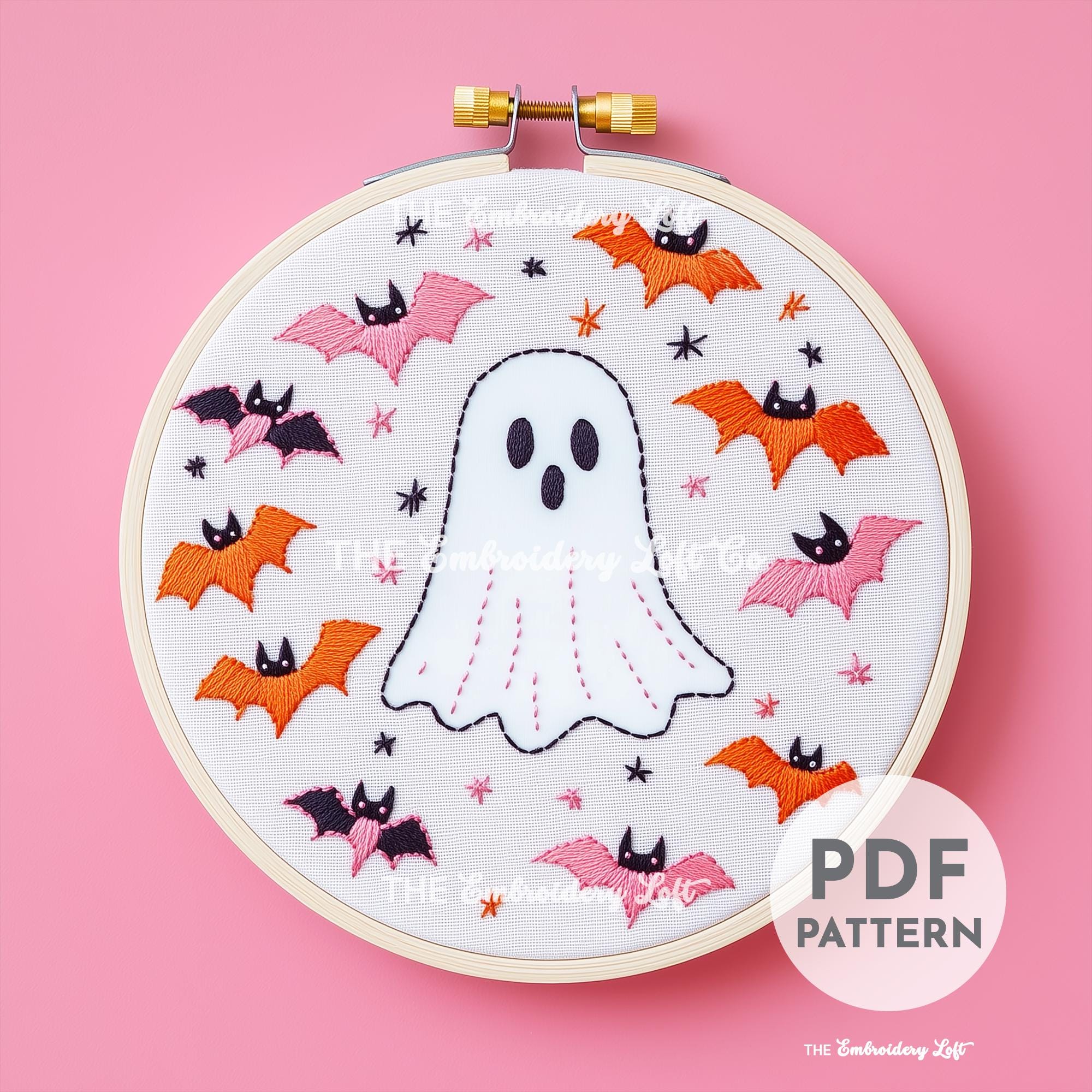 Retro Ghost with Bats Hand Embroidery Pattern