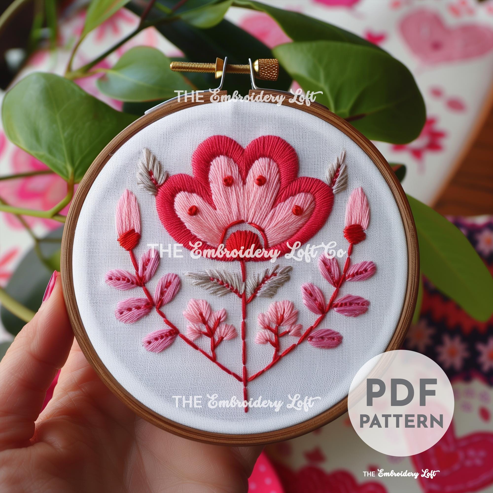 Pink Folk Flower Hand Embroidery Pattern