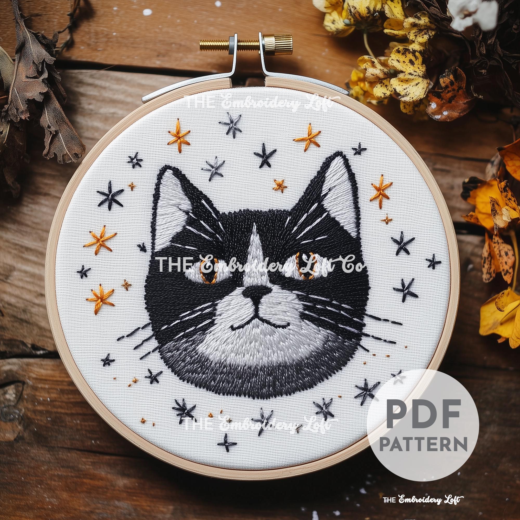 Cat with Stars Hand Embroidery Pattern
