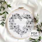 Blue Floral Heart Wreath Hand Embroidery Pattern