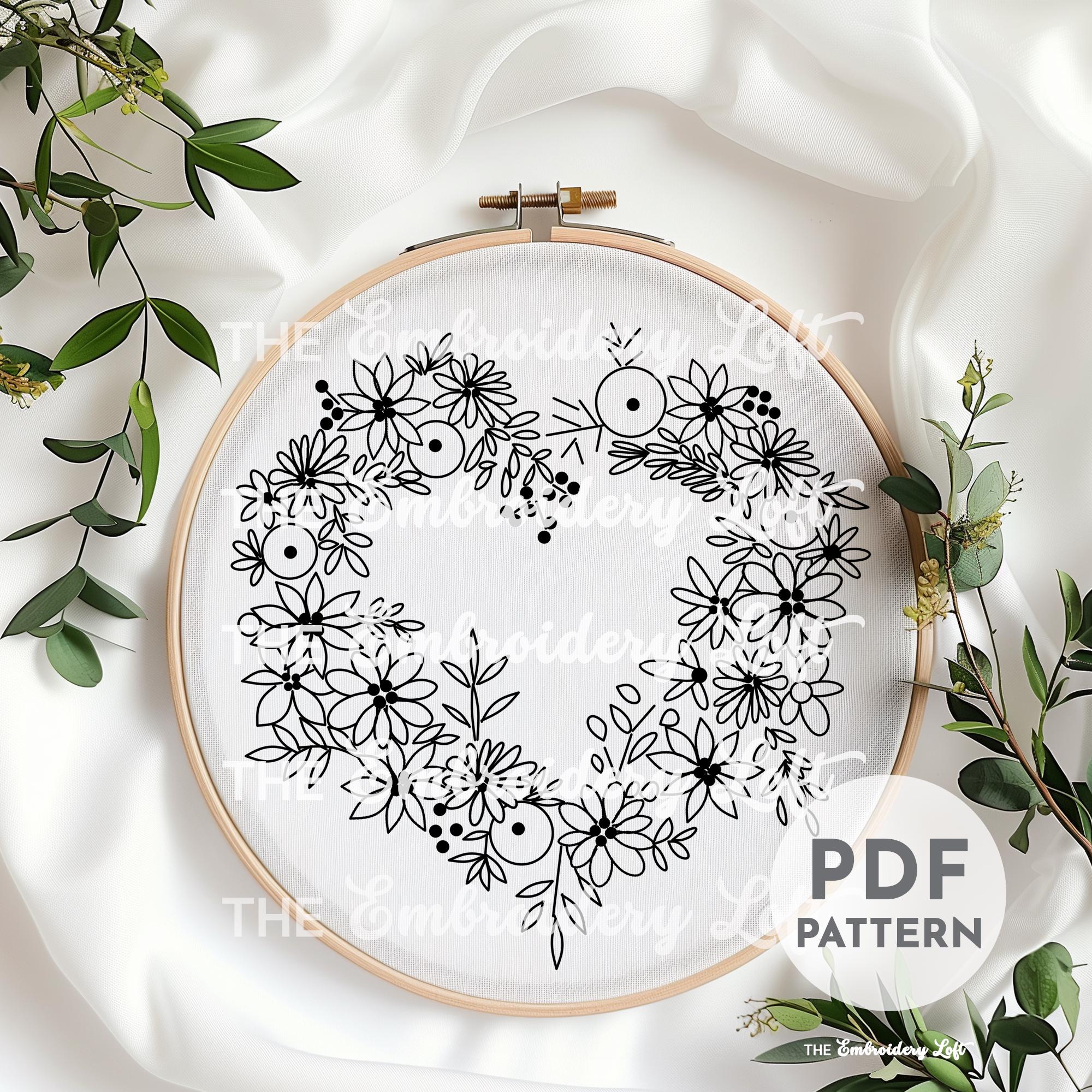 Blue Floral Heart Wreath Hand Embroidery Pattern