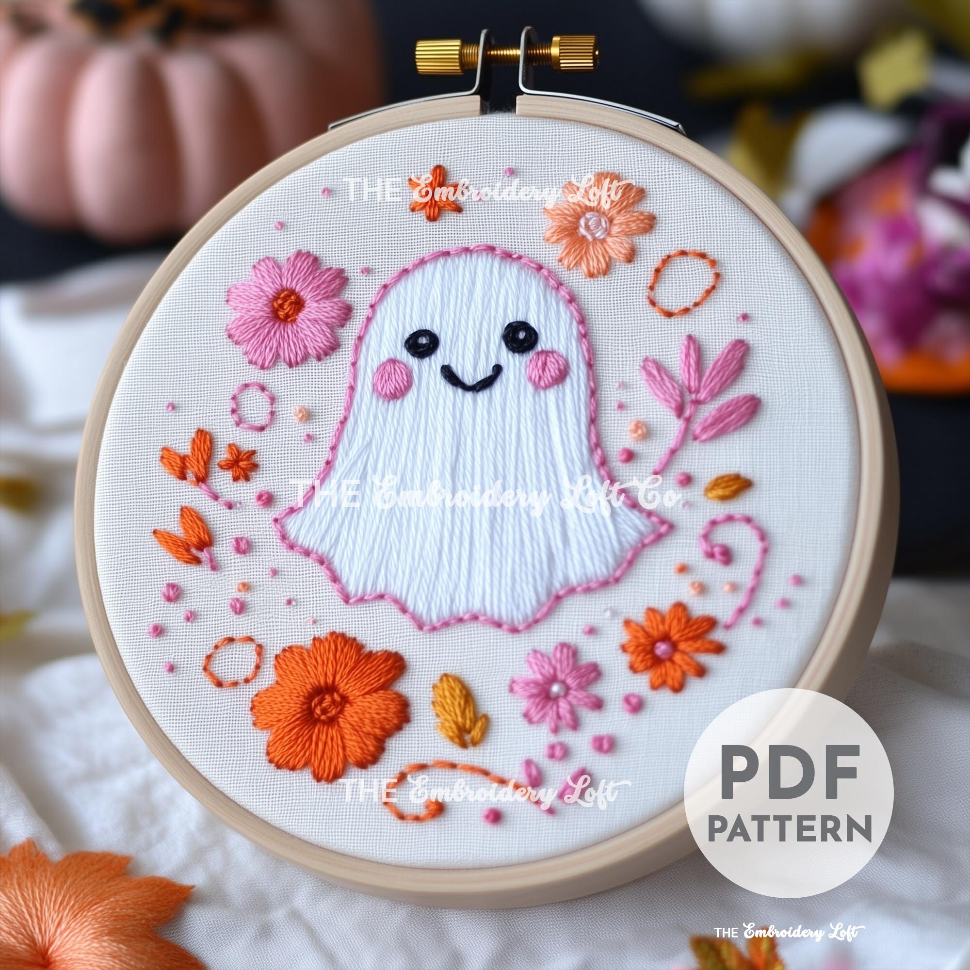 Retro Ghost with Flowers Hand Embroidery Pattern