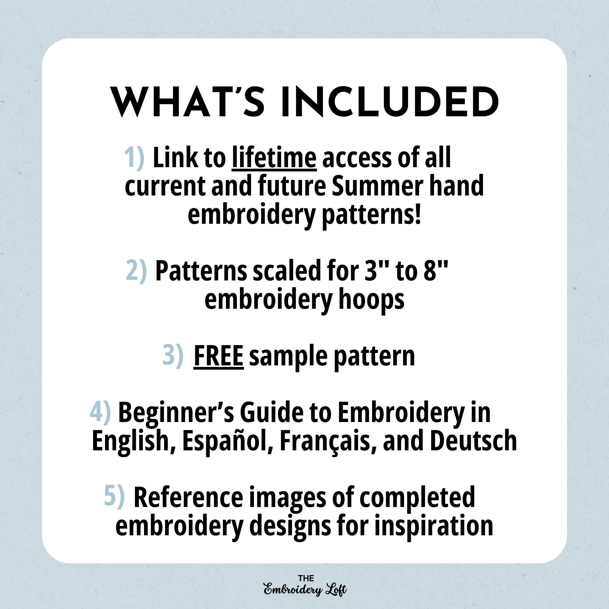 MINI COLLECTION, Summer Hand Embroidery Pattern Collection, Current and Future Designs, Lifetime Access, Hand Embroidery, DIY