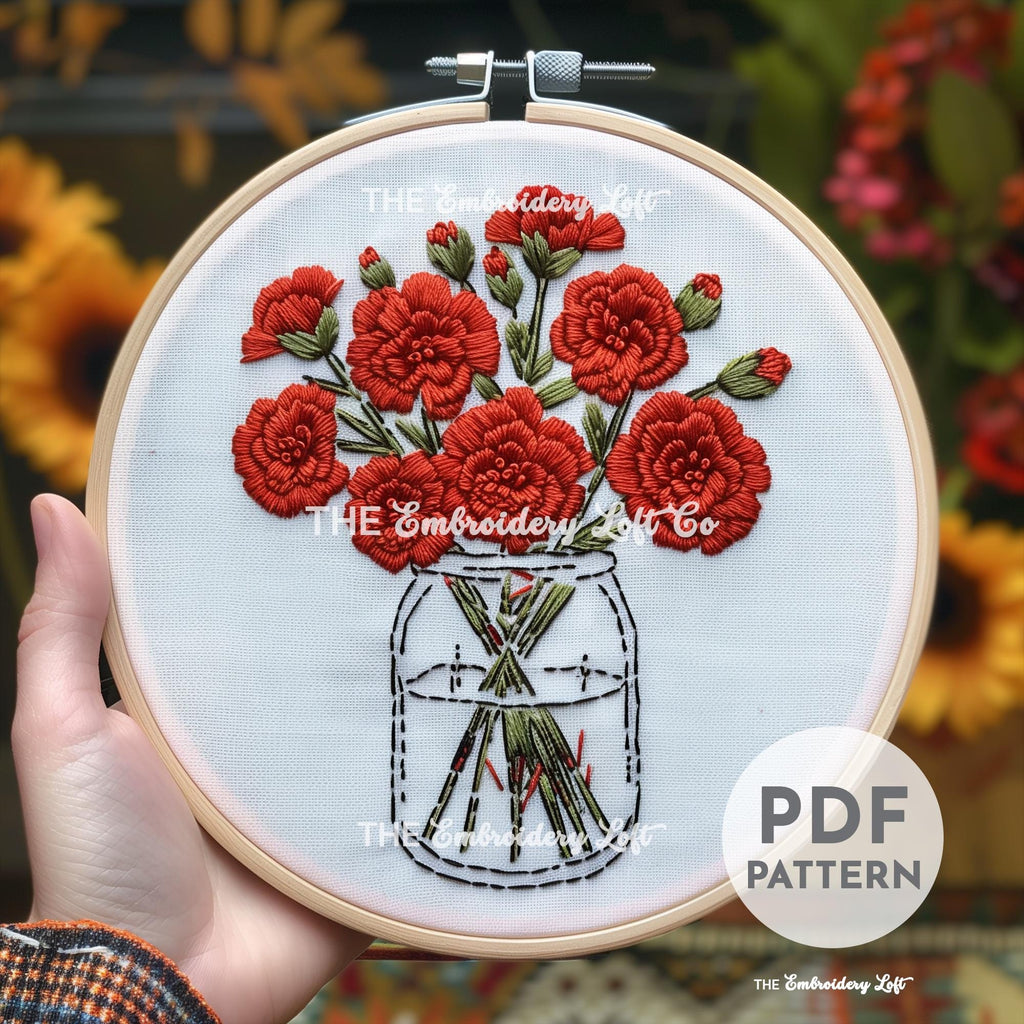 Vase of Carnations Hand Embroidery Pattern